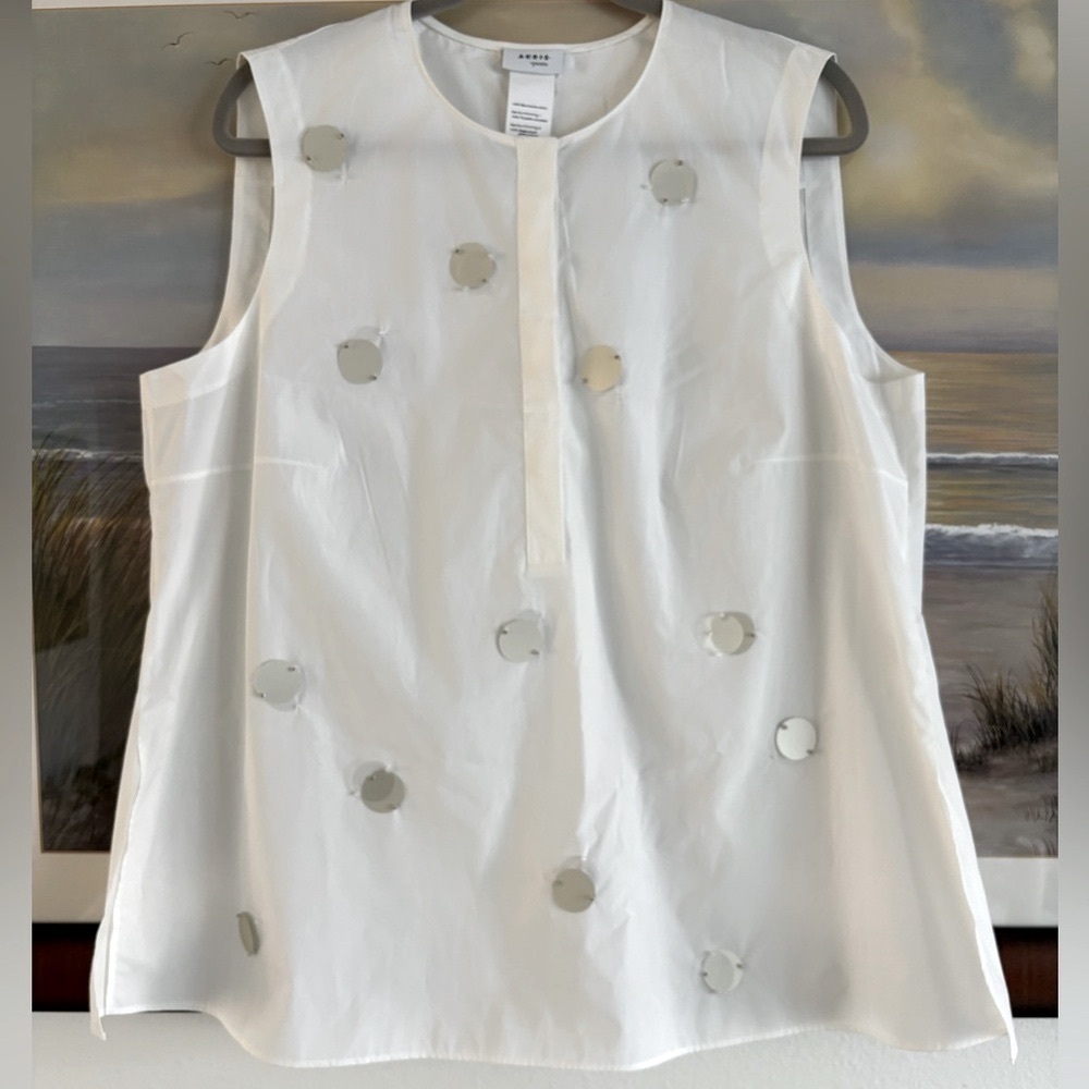AKRIS PUNTO White Cotton Poplin Disk & Bead Applique Detail Sleeveless Top - Picture 11 of 11